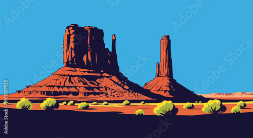 Stylized desert landscape with iconic red rock formations under a blue sky