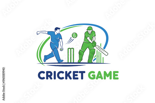 Cricket game illustration with player bowling and batsman ready to hit ball