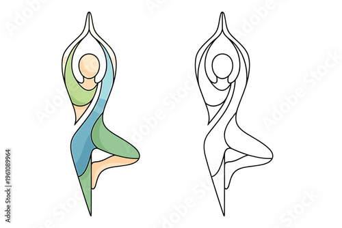 Yoga poses in colorful and line art styles for wellness and fitness concepts