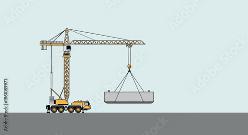 Industrial Yellow Mobile Tower Crane Lifting Large Concrete Block Vector Illustration for Construction and Engineering Projects