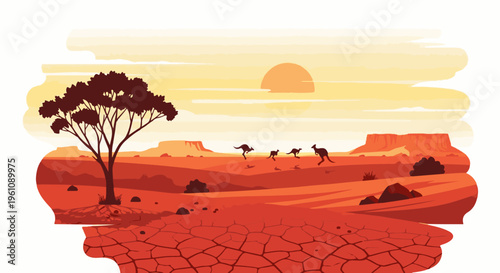 Stylized desert landscape with kangaroos bounding under a setting sun