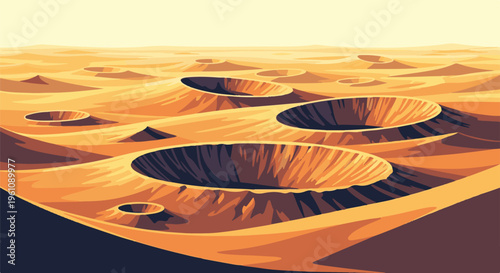 Stylized desert landscape with multiple craters under a pale sky