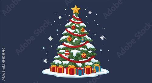 Snow-covered Christmas tree with ornaments, garland, and presents
