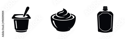 Set of black minimalist icons representing dairy products: a yogurt cup with a spoon, a bowl of whipped cream, and a squeeze pouch for baby food.