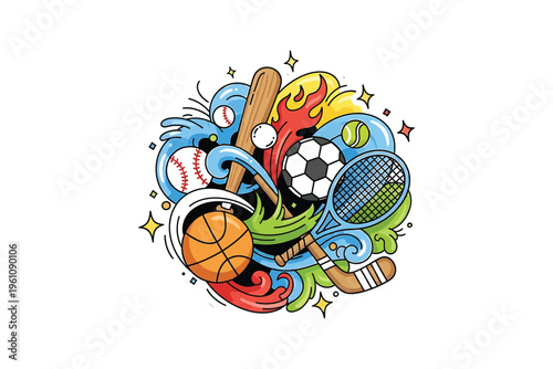 Vibrant sports equipment illustration with balls and rackets in dynamic motion on white background for athletic and recreational themes