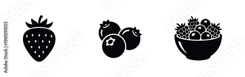 Set of black silhouette icons featuring a strawberry, blueberries, and a bowl of mixed forest fruits. Minimalist flat vector design on white.