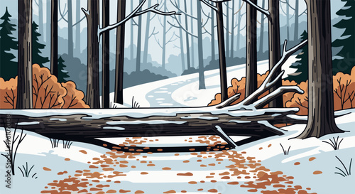 Snowy forest path with fallen tree and autumn leaves scattered