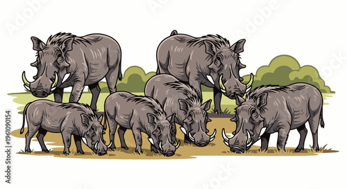 Six warthogs gather on grassy ground with green bushes behind