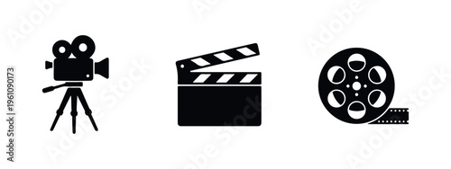 Set of minimalist black cinema icons including a vintage movie camera on a tripod, a clapperboard, and a film reel on a white background.
