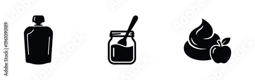 Black minimalist icons of baby food packaging: fruit puree pouch, jar with a spoon, and apple sauce swirl. Vector illustration on white background.