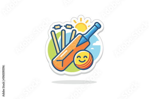 Colorful cricket bat and ball icon with smiling ball and sunny background