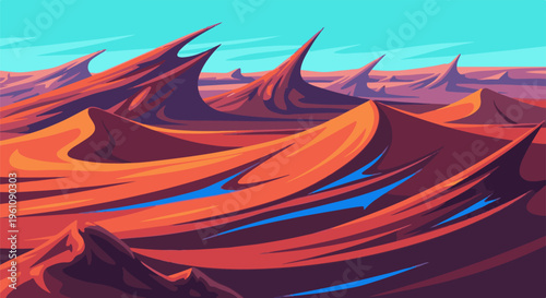 Stylized desert landscape with sharp, rocky formations and blue water