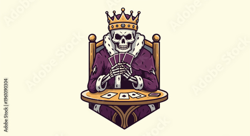 Skeleton king playing cards in ornate chair, pixel art style