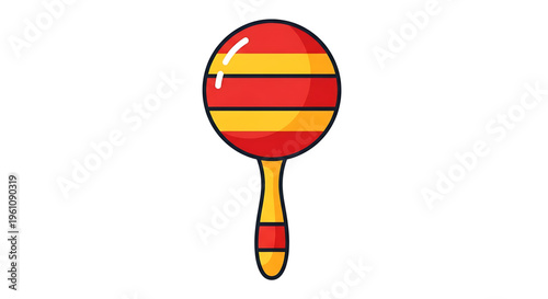 A colorful cartoon illustration of a rattle toy with a red and yellow striped ball and handle