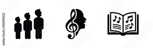 Set of minimalist black icons depicting a singing choir, a vocal profile with a treble clef, and an open songbook with musical notes.