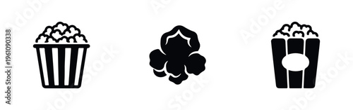 A set of three black popcorn icons featuring two bucket designs and a single kernel, isolated on white. Ideal for movie, cinema, and snack graphics.