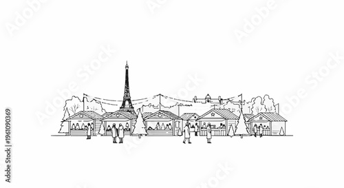 Sketch of a bustling market scene with iconic tower in background