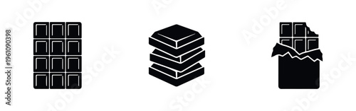 Black icons of chocolate bars and pieces, including a full bar, a stack of squares, and a bitten bar in a wrapper. Minimalist food silhouettes.