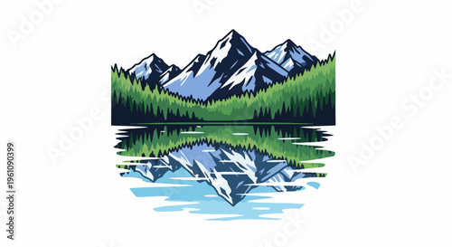 Snowy mountains and evergreen forest reflected in a calm lake