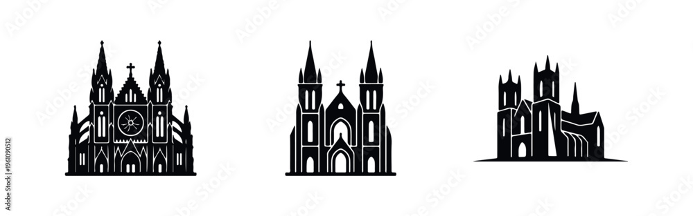 Obraz premium Set of minimalist black cathedral and church silhouettes. Elegant gothic architecture icons featuring spires and crosses on a white background.