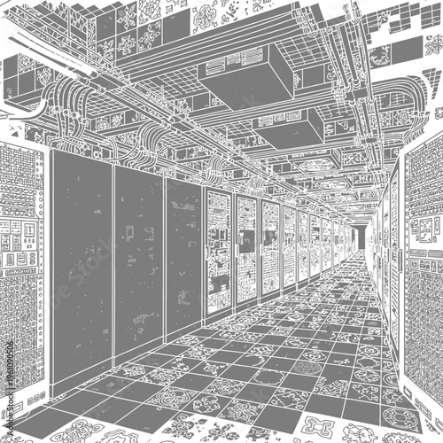 Detailed server room data center network infrastructure illustration