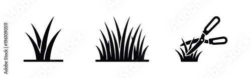 Set of black grass and garden shear icons on a white background, perfect for gardening, lawn care, landscaping, and maintenance projects.