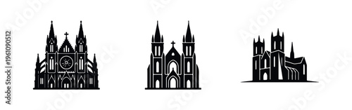 Set of minimalist black cathedral and church silhouettes. Elegant gothic architecture icons featuring spires and crosses on a white background.