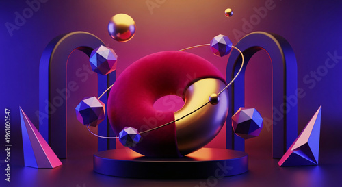 Red sphere, metallic elements, geometric shapes, abstract art