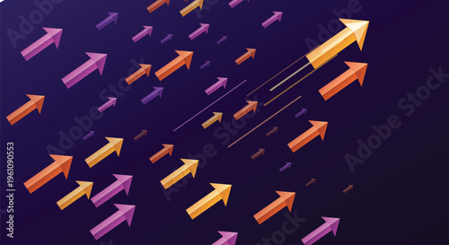 Dynamic group of colorful 3D arrows flying upward on a dark purple background symbolizing leadership growth competitive advantage and financial success