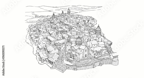 Sketch of a densely packed historic city with rolling hills in the background