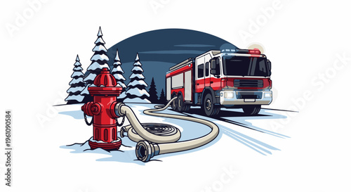 Snowy night scene with a fire truck connected to a hydrant, ready to battle a blaze