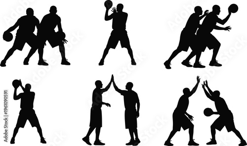 Collection of black silhouettes of basketball players in dynamic poses including dribbling, shooting, defending, passing, and teamwork gestures, perfect for sports design, training, and creative