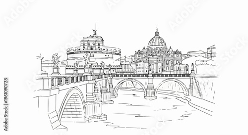 Sketch of a historic bridge with arched spans leading to monumental buildings