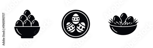 Set of three black silhouette icons featuring eggs in a bowl, decorated Easter eggs, and eggs in a nest, isolated on a white background.