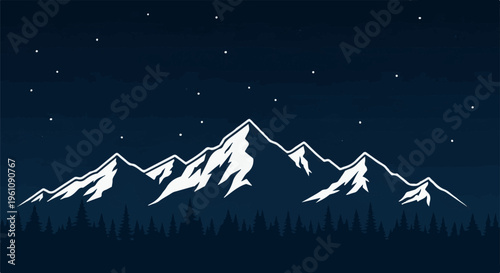 Snowy peaks rise above a dark pine forest under a starry night sky