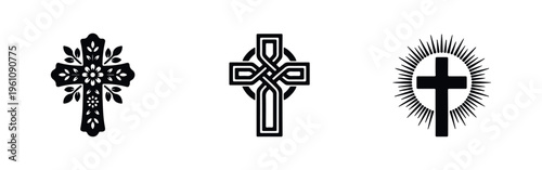 Set of three stylized Christian cross icons in black silhouette, featuring floral, Celtic knot, and radiant sunburst decorative designs.