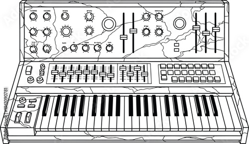 Vintage synthesizer keyboard music instrument outline drawing