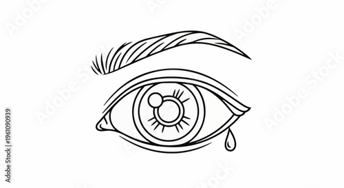 Stylized black and white illustration of a crying eye with a single tear