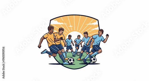 Soccer players in action during a game with a stylized sun and sky