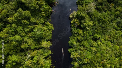 High-resolution aerial view of the Amazon rainforest near Iquitos, with its dense tropical vegetation, vibrant green, and a river that runs through the lush Amazon landscape