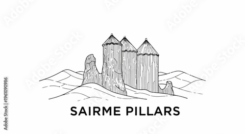 Sketch of a natural rock formation with pointed, conical structures and surrounding hills