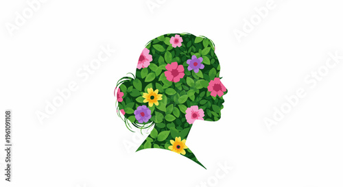Silhouette profile of a woman's head filled with green leaves and colorful flowers