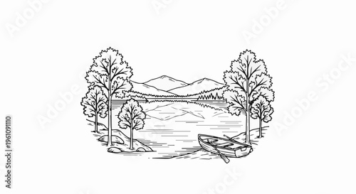 Sketch of a serene lake scene with trees, mountains, and a rowboat
