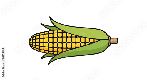 A colorful vector illustration of an ear of corn with green leaves