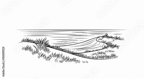 Sketch of a serene landscape with rolling dunes and calm water