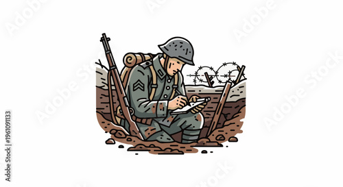 Soldier in a trench writing, with rifles and barbed wire