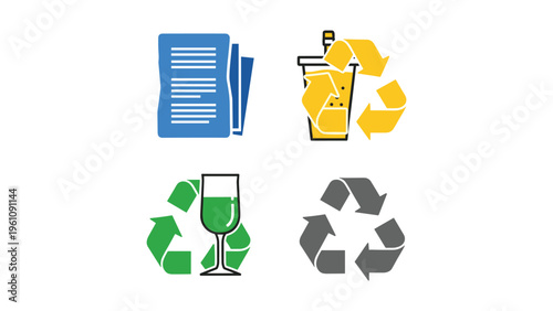 Icons representing recycling and proper waste disposal methods for various items