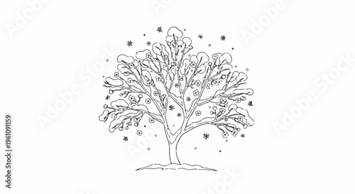 Sketch of a snow-covered tree with small flowers and falling snowflakes