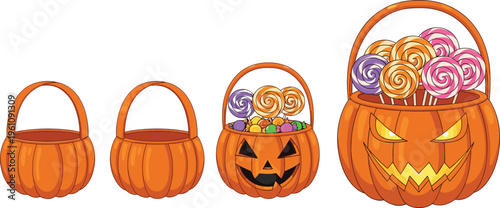Set of Halloween pumpkin baskets with candy, spooky jack o lantern buckets, trick or treat containers isolated on white background vector illustration