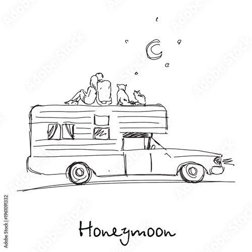 RV camping. Couple with dog and cat under moon and stars. Honeymoon